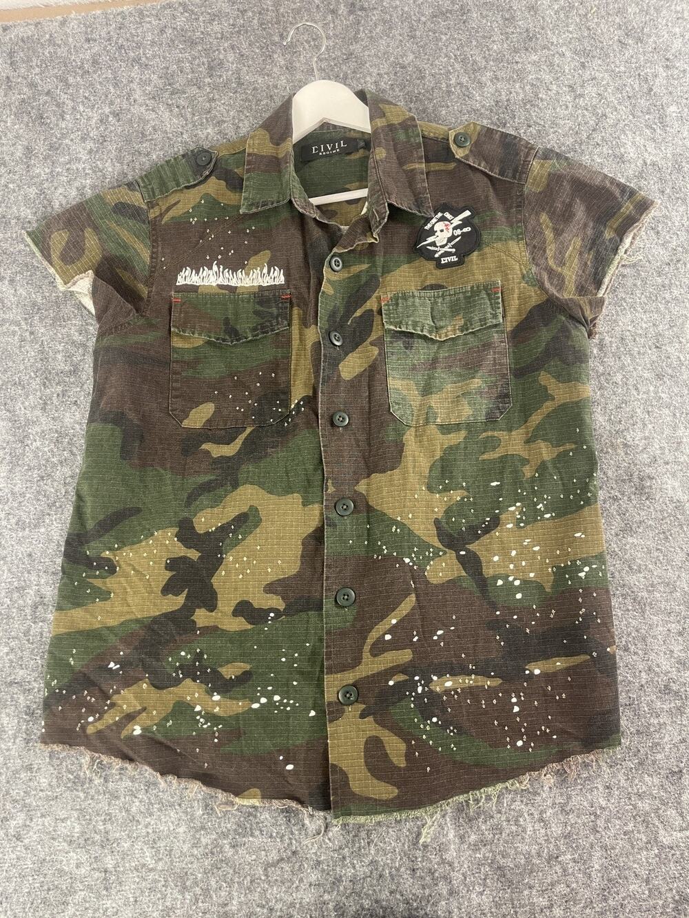 Civil Regime Shirt Mens Medium Camo Skull Button Up Embroidered Distressed N292